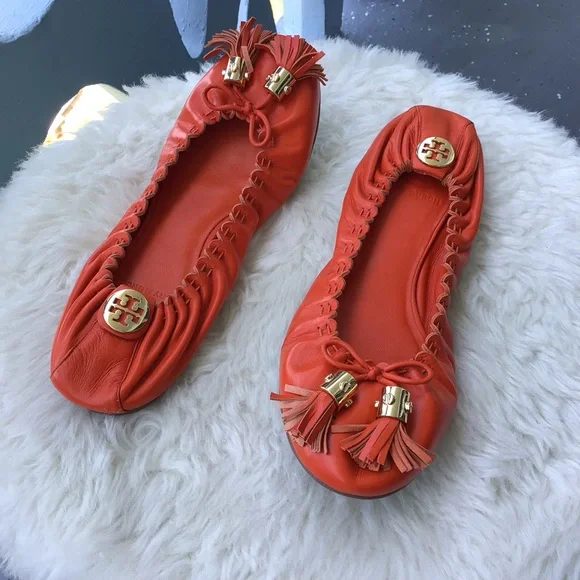Tory Burch Brazen Burnt Orange Reese Mestico Leather Tasseled Ballet Flats - Picture 3 of 11